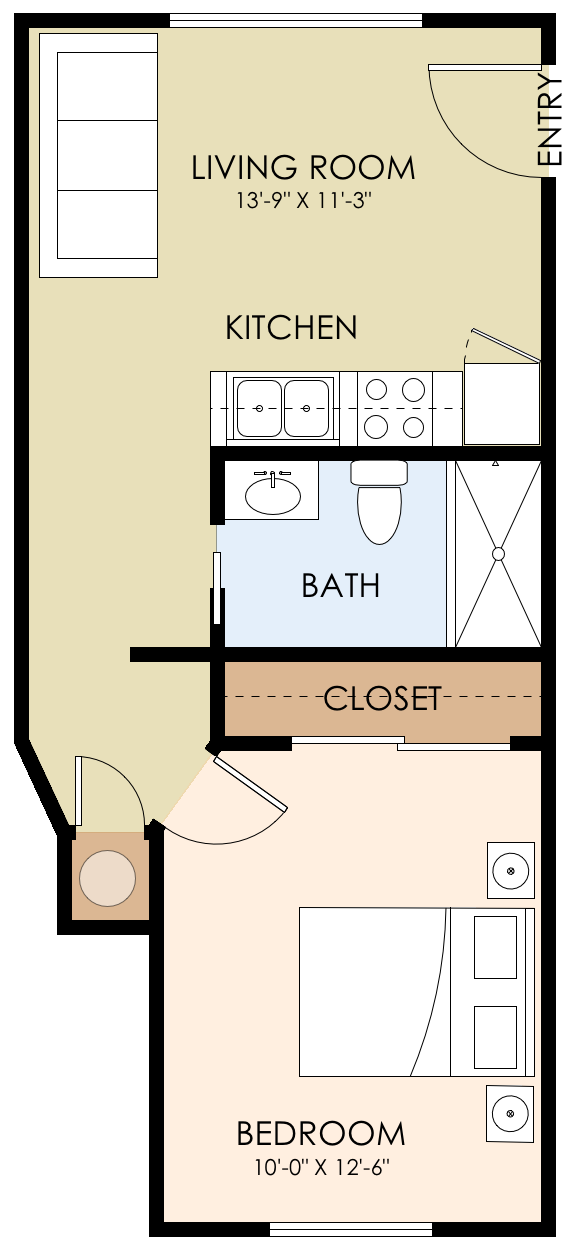Floor plan for 1 bed, 1 bath, 539 sqft